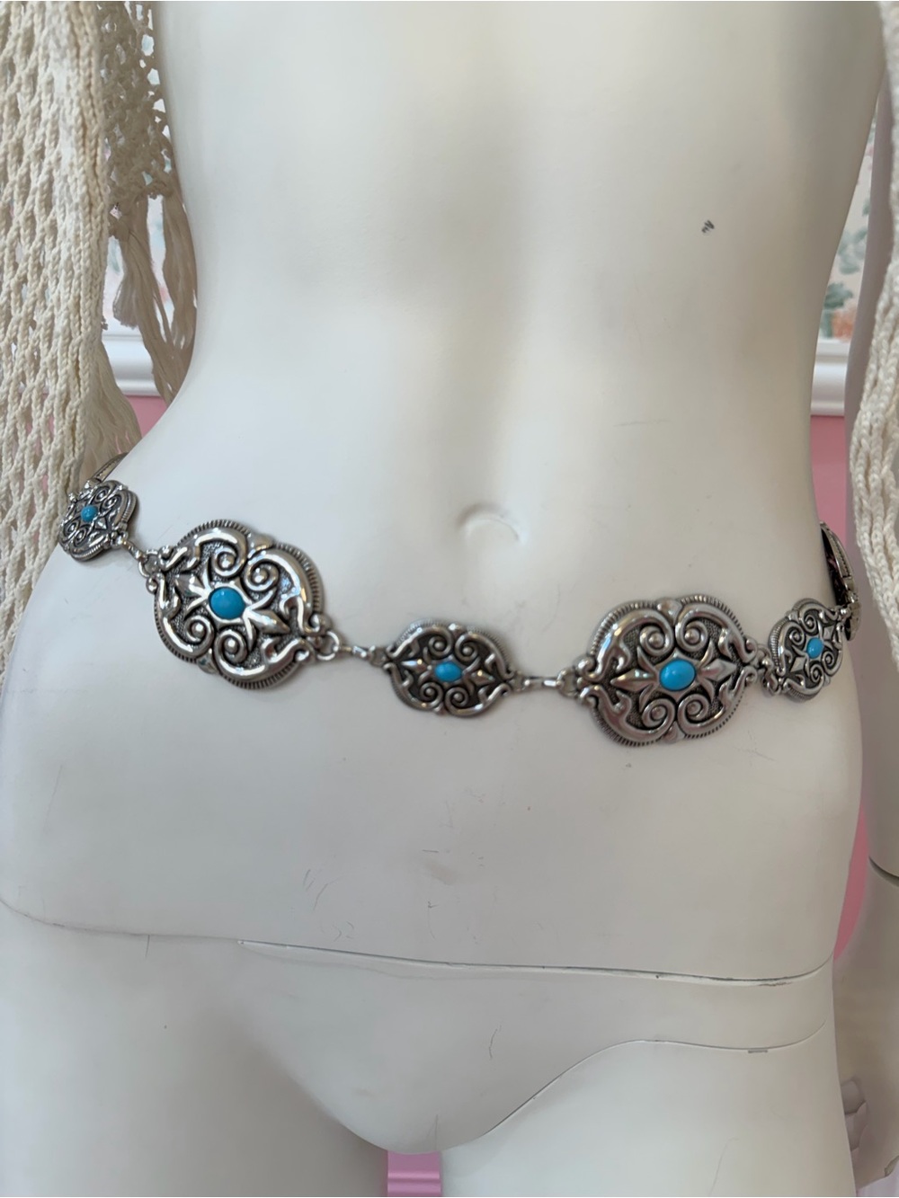 Y2KTurquoise Accent Silver-Tone Link Waist Chain Belt